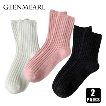 2 Пары зимних носков для женщин, Кашемировая шерсть, Сохраняющая тепло, Мягкая, утолщенная, повседневная Японская мода для девочек, Однотонные Длинные носки