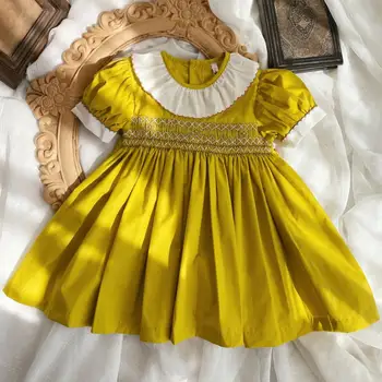 2 шт. Детская Испанская Бутик-одежда для младенцев и малышей, Ручная вышивка, Желтые платья для девочек в стиле колледжа A2462