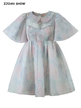 2023 Бальное платье из органзы с цветочным принтом принцессы, воротник Питер Пэн, расклешенный рукав, женские мини-платья-качели, Сказочный халат