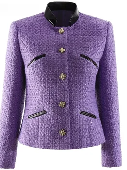 2023, Модная дизайнерская осенне-зимняя верхняя одежда из твида, женская Однобортная однобортная куртка с длинным рукавом, тонкие фиолетовые куртки, пальто
