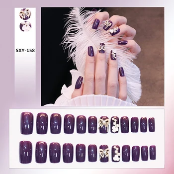24 шт. Длинные фиолетовые накладки на ногти с милым бантом и жемчугом, накладные ногти, полное покрытие искусственных ногтей SAL99