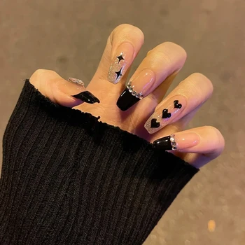 24ШТ Блестящие накладки на ногти в корейском стиле, дизайн со стразами, накладные ногти для гроба, полное покрытие, акриловые наконечники для ногтей для подарка для девочек