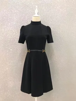 A2228 Черное платье с короткими рукавами и воротником-стойкой, женское осеннее элегантное облегающее платье средней длины в стиле Хепберн