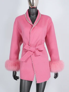 BLUENESSFAIR, шерстяные смеси, пальто из натурального меха, зимняя куртка Для женщин, манжеты из натурального лисьего меха, Жемчужный отложной воротник, пояс, Осень, плотная теплая