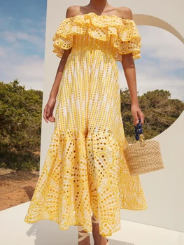 EOS 2023 Женское платье Миди с вышивкой и рюшами с открытыми плечами, с многоуровневыми рукавами, в богемном стиле, для летних каникул, дизайнерское, совершенно новое