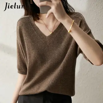 Jielur Однотонный вязаный женский свитер с короткими рукавами, Женский хлопковый пуловер с V-образным вырезом, Корейская нижняя рубашка, Летний свитер