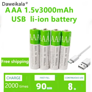 New2021 USB AAA Аккумуляторные Батареи 1,5 В 3000 мАч Литий-ионный Аккумулятор для Дистанционного Управления Мышью, Электрическая Игрушечная Батарея + Кабель Type-C