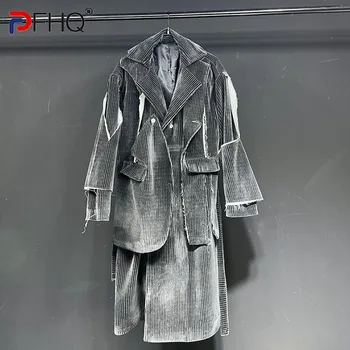 PFHQ Высококачественный Изношенный Нишевый дизайн Мужское длинное пальто Тренч Уличный вельвет 2023 Новая Индивидуальность Мужские Стильные Элегантные куртки