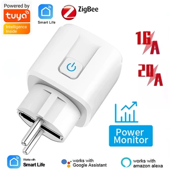 Tuya Zigbee 16A/20A EU Smart Socket Plug Умный Дом Беспроводное Приложение Адаптер Дистанционного Управления Монитор Питания Голосовое Управление Google Alexa