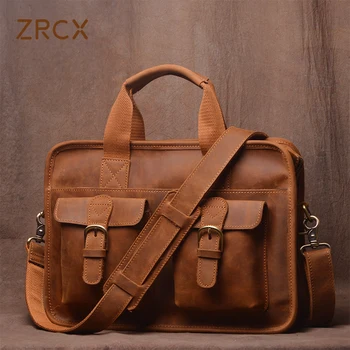 ZRCX Винтажный мужской портфель, мужская сумка через плечо, сумки Crazy Horse из натуральной кожи, коричневая деловая мода, 14-дюймовая сумка для ноутбука