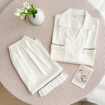 Белый шелковый Атласный женский пижамный комплект, Новый Весенне-осенний пижамный костюм для пары, пижамы с карманами, свободная Повседневная домашняя одежда
