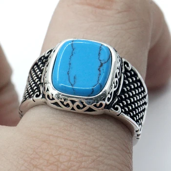 Бирюзовое кольцо для мужчин, серебро 925 пробы, Геометрическое Квадратное кольцо с синим камнем, Винтажный простой дизайн, турецкие украшения ручной работы, подарок