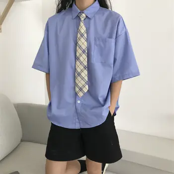 Блузка EBAIHUI Женская Корейская версия, Офисные Женские топы с отложным воротником, элегантный дизайн, короткий рукав, синие Женские рубашки и галстук