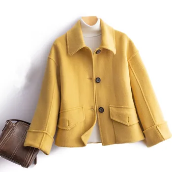 Весенне-Осенняя Корейская Свободная Короткая Двусторонняя Кашемировая Шерстяная куртка, пальто, Женская верхняя одежда, Однотонное Шерстяное пальто с длинным рукавом, Женское пальто