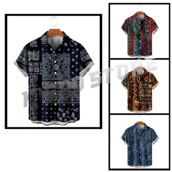 Гавайские повседневные рубашки на пуговицах для мужчин, Винтажная лоскутная пляжная рубашка Harajuku с отложным воротником, уличная рубашка с коротким рукавом