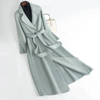 Двустороннее шерстяное пальто, женские теплые осенне-зимние длинные пальто 5xl, Модный дизайн с поясом, тонкое темпераментное шерстяное пальто