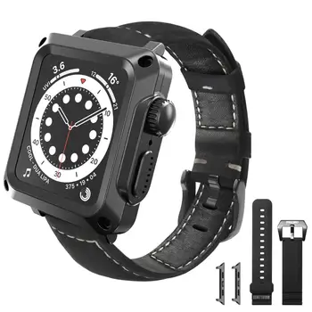 Для Apple Watch Металлический Корпус Кожаный Ремешок 44 мм 42 мм 40 мм 38 мм Защитный Ремешок из Закаленного Стекла для iwatch 6 SE 5 4 3 2 1