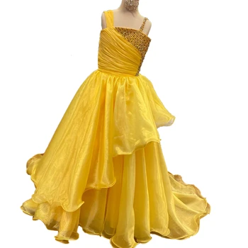 Желтое праздничное платье для девочек 2023, расшитое бисером, Кристаллы, Оборки, Бальное платье из органзы для маленьких детей, праздничное платье на день рождения для малышей