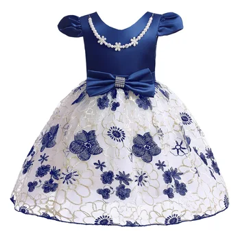 Жемчужное ожерелье Платье с цветочным узором для маленьких девочек на День рождения, свадебная вечеринка, вышивка, праздничные платья принцессы, Детская одежда