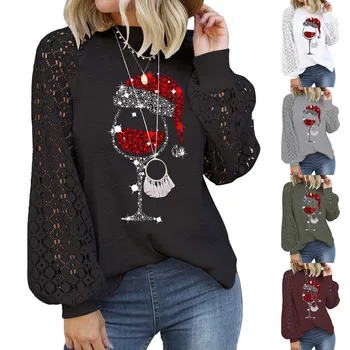 Женская Рождественская шляпа с бокалом вина, Черная футболка с длинным рукавом, Рождественский повседневный кружевной топ, вязаная крючком футболка, Модный рождественский свитер в стиле харадзюку
