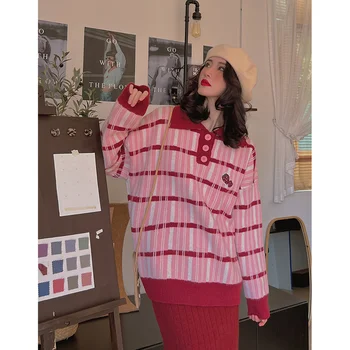 Женская мода Нового стиля, свитер с лацканами в клубничную клетку, универсальная блузка для отдыха Осенью и зимой