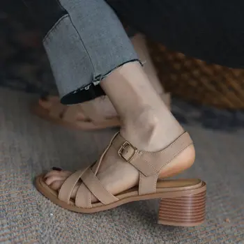 Женская обувь в римском стиле, сандалии-гладиаторы, босоножки в стиле ретро на толстом каблуке, летние винтажные женские туфли из овчины на каблуке 5 см