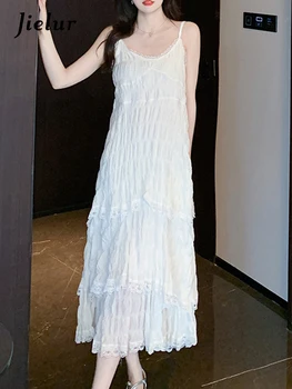 Женское платье на белом ремешке Jielur, летнее новое платье в стиле пляжного отдыха с V-образным вырезом, женские Корейские модные кружевные платья трапециевидной формы