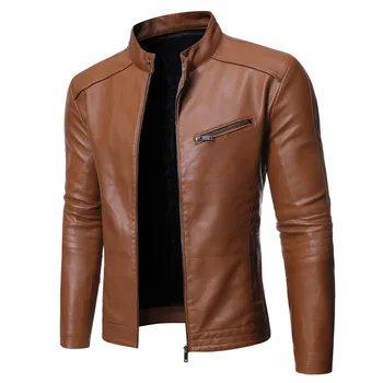 Зимние мужские кожаные мотоциклетные куртки со стоячим воротником, тонкие пальто из искусственной кожи, осенняя мужская уличная байкерская кожаная куртка, мужская одежда