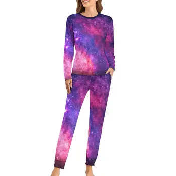 Красочные пижамы Galaxy Sky, Розовые, фиолетовые, с кавайными звездами, Пижамные комплекты, Женский повседневный домашний костюм с длинными рукавами