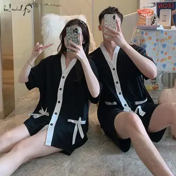 Летняя пижама для пары, женская корейская милая мужская простая хлопковая шелковая повседневная одежда для дома большого размера