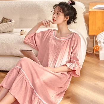 Милые Сладкие розовые женские Элегантные ночные рубашки в придворном стиле Свободные Летние пижамы Женская хлопчатобумажная ночная рубашка Пижама с кавайным бантом для леди