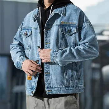 Мода 2022, Новая осенняя мужская синяя джинсовая куртка, Однотонная верхняя одежда с карманами, однобортное джинсовое пальто в корейском стиле, уличная одежда