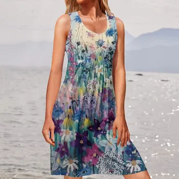 Модное женское платье в стиле ретро, мини-платья с этническим принтом и круглым вырезом для женщин, Летний повседневный Свободный пляжный сарафан, Vestidos 2023