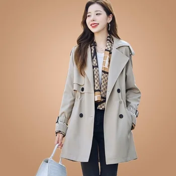 Модный женский тренч средней длины 2023, Весна и осень, Новая двубортная ветровка, Корейское свободное женское пальто