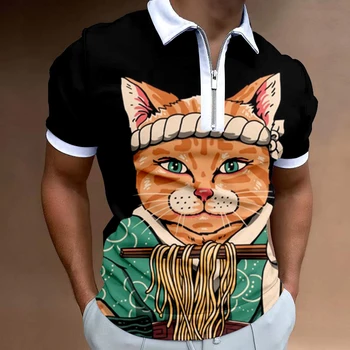 Мужская рубашка на молнии, Летняя Новая мужская рубашка с кошачьей застежкой-молнией, повседневная футболка, мужская мода, Мужская футболка с коротким рукавом, Спортивная Мужская одежда
