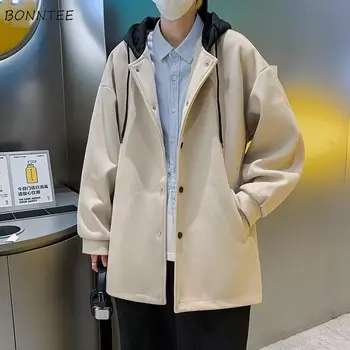 Мужское пальто с капюшоном, верхняя одежда из смесовой шерсти, Толстая Зимняя Корейская мода, одежда унисекс для колледжа, Мешковатый дизайнер, Динамичные подростки