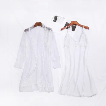Наборы свадебных халатов White Bride 2ШТ. Сексуальное платье-кимоно из искусственного шелка и атласа, кружевная пижама в стиле пэчворк, мини-тонкая женская летняя ночная рубашка