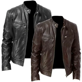 Новая куртка из искусственной кожи для мужчин с защитой от ветра, мотоциклетные куртки на молнии с диагональю