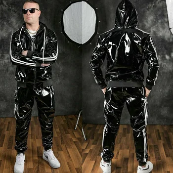 Новая мужская мотоциклетная спортивная одежда из искусственной яркой кожи черного цвета; куртка с длинными рукавами и брюки; Модный Свободный повседневный костюм