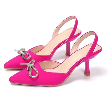 Новинка 2023 года, Женские туфли на высоком каблуке со стразами и бантом, модные женские туфли-лодочки, розово-красные пикантные босоножки с острым носком, женские шлепанцы на шпильке