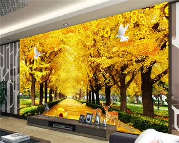 Обои Wellyu на заказ золотая авеню золотой лес летящая птица пятнистый олень гостиная ТВ фон украшение стены картина