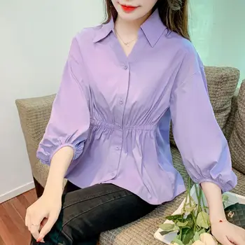 Осенние блузки, Корейские однобортные рубашки с отложным воротником-поло и пышными рукавами для женщин, модные офисные женские топы, фиолетовая рубашка A730