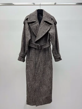 Осень-Зима 2023, новое женское дизайнерское пальто из твида с длинными рукавами, роскошное Высококачественное Винтажное Шикарное Элегантное пальто с поясом в европейском стиле
