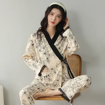 Пижама-кимоно, женская весенне-осенняя хлопковая одежда, кардиган с длинными рукавами, комплект домашней одежды