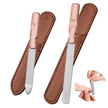 Пилочки для ногтей из нержавеющей стали в кожаном футляре, двухсторонние металлические пилочки для ногтей с противоскользящей ручкой для ногтей на ногах