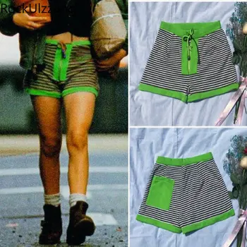 Полосатые лоскутные шорты с контрастным зеленым цветным блоком, короткие женские хлопковые брюки, облегающие шорты, Летняя удобная повседневная одежда y2k для фитнеса