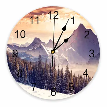 Природа Пейзаж Снег Лес Горы Декоративные Круглые настенные часы Индивидуальный Дизайн Не Тикающие Бесшумные Спальни Большие настенные часы