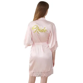Розничная продажа, Женское Атласное кимоно с золотым блеском, Кружевная ночная рубашка для подружек невесты, халат для свадебной вечеринки, халаты T92