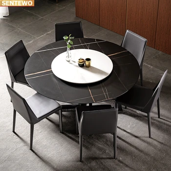 Роскошный Дизайнерский обеденный стол из круглой мраморной плиты 8 стульев мебель tavolo pranzo meuble marbre Нержавеющая сталь золотое основание