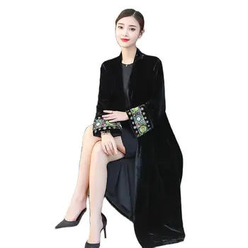 Рукав с изысканной вышивкой, винтажное бархатное Кимоно, Тренч, новая женская ветровка средней длины с V-образным вырезом, верхняя одежда